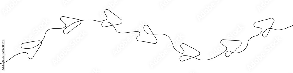 Arrows sign line continuous drawing vector. One line Arrows icon vector background. Plane icon. Continuous outline of a Cursor.