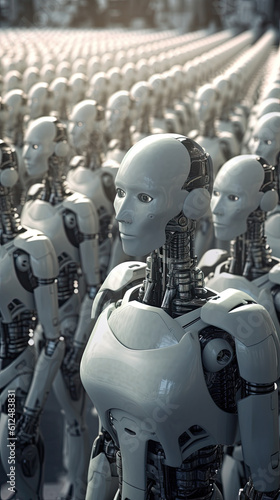 A robot standing in front of a crowd of robotic companions. The futuristic scene showcases advanced technology and a sense of unity among the robots. Generative AI