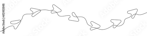 Arrows sign line continuous drawing vector. One line Arrows icon vector background. Plane icon. Continuous outline of a Cursor.