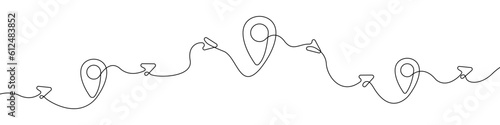 Label on map icon line continuous drawing vector. One line Location icon vector background. Arrow location icon. Continuous outline of a Path along location markers.