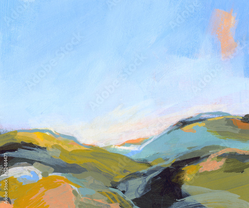 Abstract hand painted landscape. Versatile artistic image for creative design projects: posters, banners, cards, prints, brochures, wallpapers. Gouache on paper. Artist-made art, no ai.