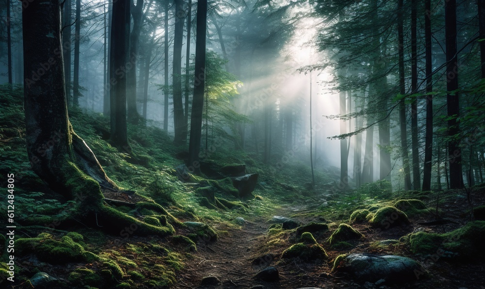  a path in a forest with moss growing on the ground and trees on the side of the path, with a bright light coming through the fog.  generative ai