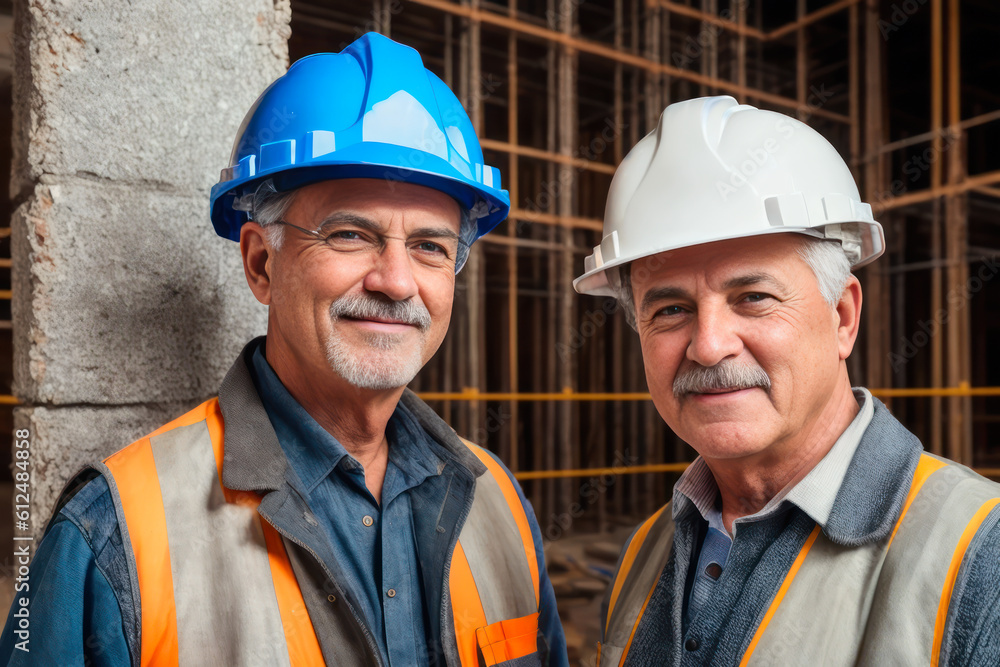 Digital portrait of a senior confident male factory worker standing in construction site. Concept of active age. Generative AI Digital portrait of a senior confident male factory worker standing in construction site. Concept of active age. Generative AI