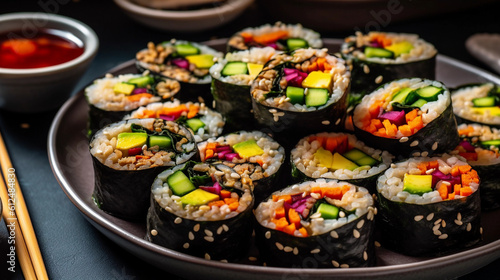 A plate of vibrant vegetable sushi rolls, made with brown rice and filled with avocado, cucumber, and other nutritious ingredients