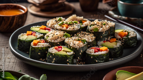 A plate of vibrant vegetable sushi rolls, made with brown rice and filled with avocado, cucumber, and other nutritious ingredients