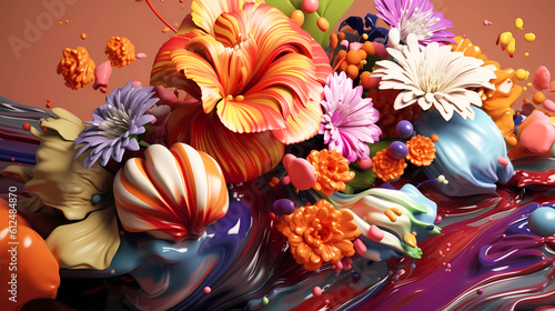 Beautiful abstraction of their bright mixed colors of paints forming flowers.