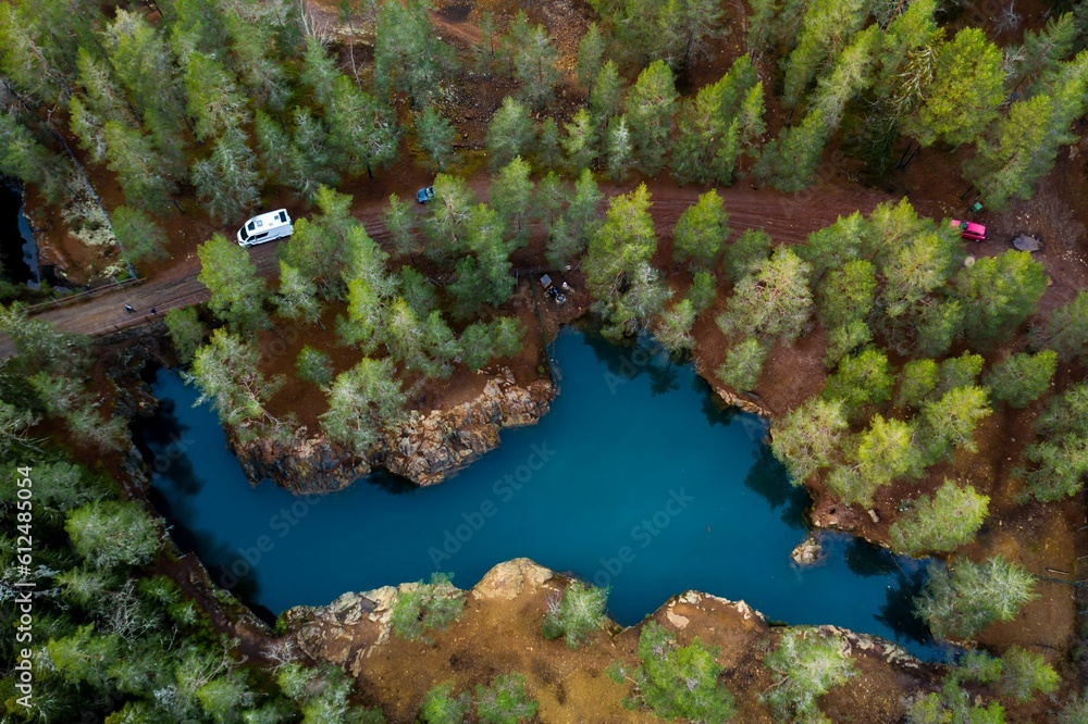 Aerial shot of a river between spruces