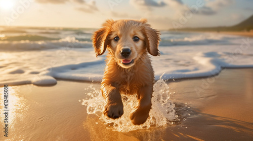 An adorable photo of a puppy chasing waves at the beach, its paws leaving imprints in the wet sand as it enjoys the thrill of the ocean Generative AI