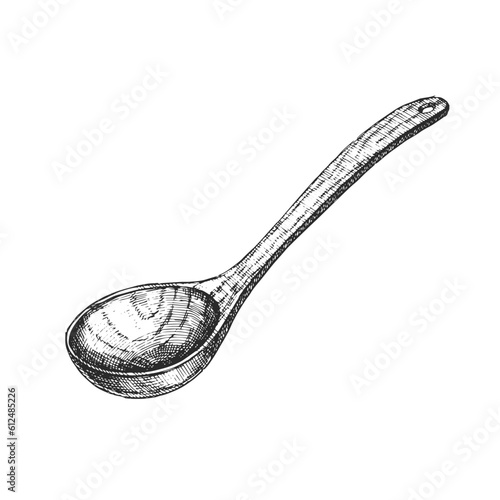 Vector hand-drawn vintage illustration of wooden soup ladle in engraving style. Sketch of cooking equipment isolated on white. photo