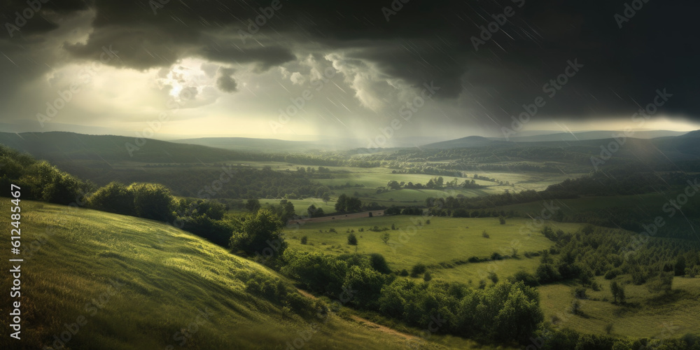 a stormy sky adds an air of drama, casting shadows over an idyllic countryside landscape, capturing the essence of nature's dichotomy. Generative AI  