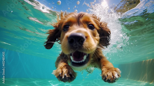 An adorable photo of a puppy confidently swimming in a pool, showcasing its natural aquatic abilities and the joy it finds in the water Generative AI
