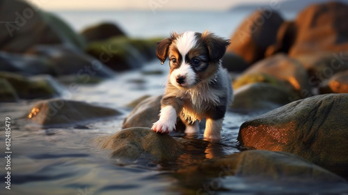 An enchanting photo of a puppy exploring a rocky shoreline, its tiny paws getting wet with each step, as it discovers the wonders of the waterfront Generative AI