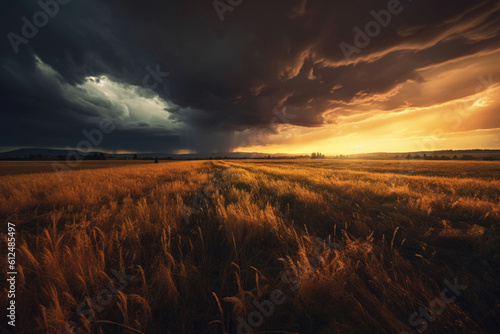 a stormy sky adds an air of drama, casting shadows over an idyllic countryside landscape, capturing the essence of nature's dichotomy. Generative AI   © Landscape Planet