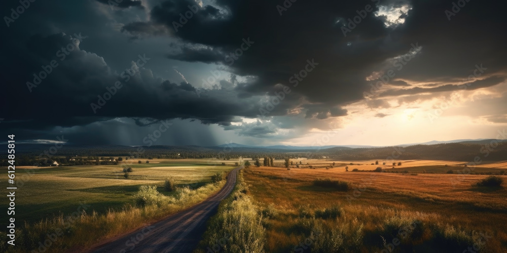 Nature's dichotomy unfolds—a dramatic stormy sky blankets a serene countryside, blending tranquility with the power of the elements. Generative AI  