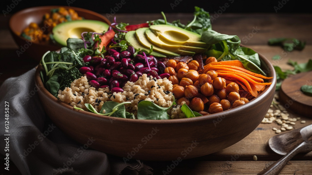 A colorful Buddha bowl filled with a variety of fresh vegetables and plant-based protein sources