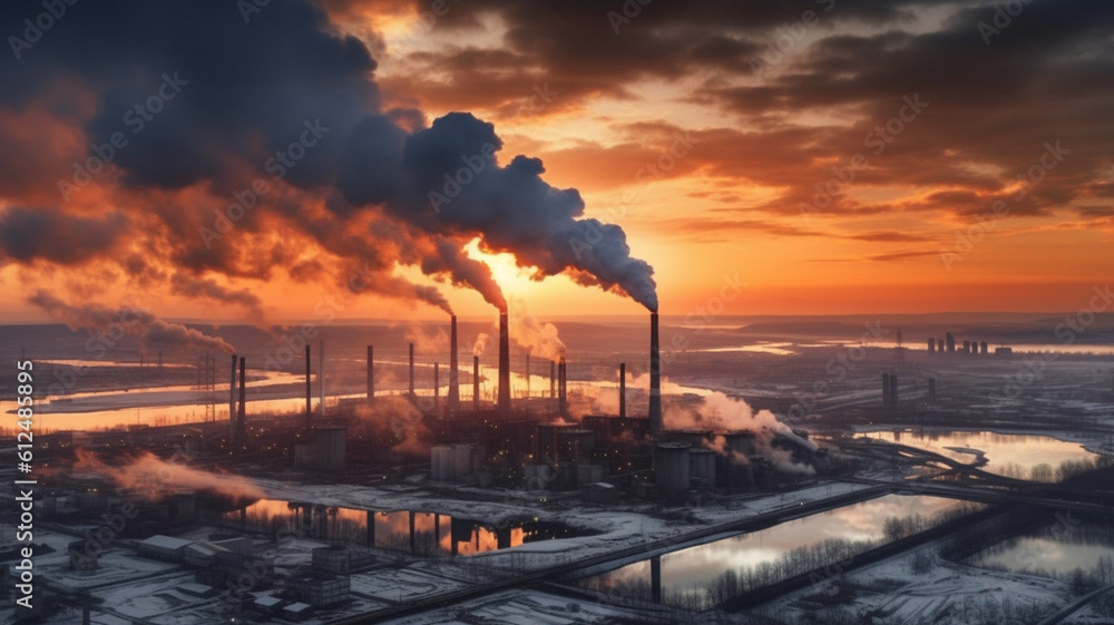 Smoking chimneys of factories against the backdrop of sunset. Industrial landscape. Contaminated air. AI generated Smoking chimneys of factories against the backdrop of sunset. Industrial landscape. Contaminated air. AI generated