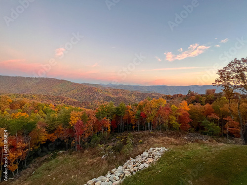 A view of the Blue Ridge Parkway during the autumn fall color changing season.