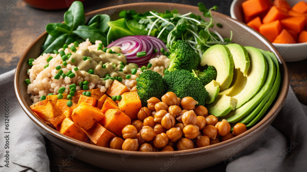 A colorful Buddha bowl filled with a variety of fresh vegetables and plant-based protein sources A colorful Buddha bowl filled with a variety of fresh vegetables and plant-based protein sources