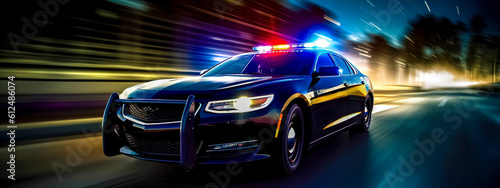 police car at high speed with headlights and alarms on in the night city, made with Generative AI © edojob