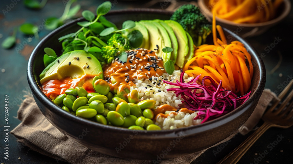 A colorful Buddha bowl filled with a variety of fresh vegetables and plant-based protein sources A colorful Buddha bowl filled with a variety of fresh vegetables and plant-based protein sources