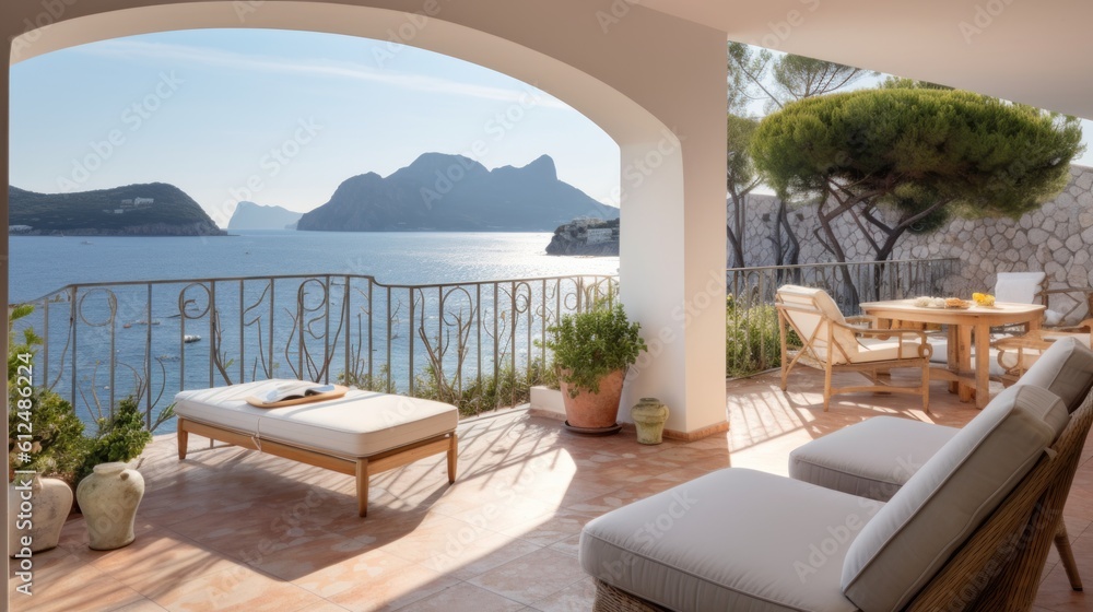 Fototapeta premium Villa on the island of Sardinia or Capri, with luxurious amenities, private beach access, and panoramic views of the crystal clear waters