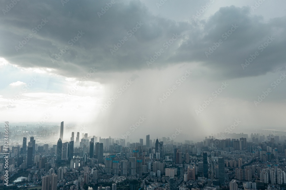 Rain waterfall from the sky. Incredible moment rain falls on half of city Rain waterfall from the sky. Incredible moment rain falls on half of city