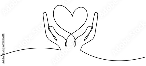 Hands holding heart continuous one line drawing. Charity donation linear concept. Vector isolated on white.