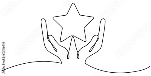 Hands holding star continuous one line drawing. Human arms palms. Vector illustration isolated on white.