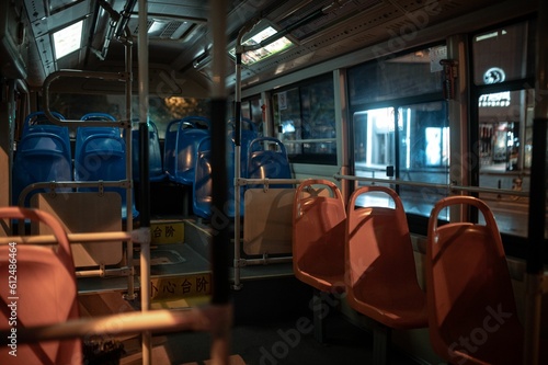 Interior of an empty public transportation at night