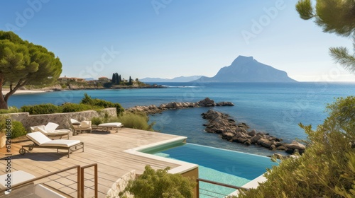 Villa on the island of Sardinia or Capri  with luxurious amenities  private beach access  and panoramic views of the crystal clear waters