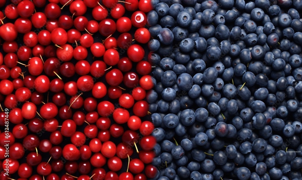 a close up of a bunch of cherries next to a pile of blueberries and a pile of red cherries with green stems. generative ai a close up of a bunch of cherries next to a pile of blueberries and a pile of red cherries with green stems. generative ai