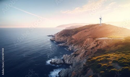  a wind turbine on top of a cliff near the ocean with a sunset in the background and a body of water in the foreground. generative ai