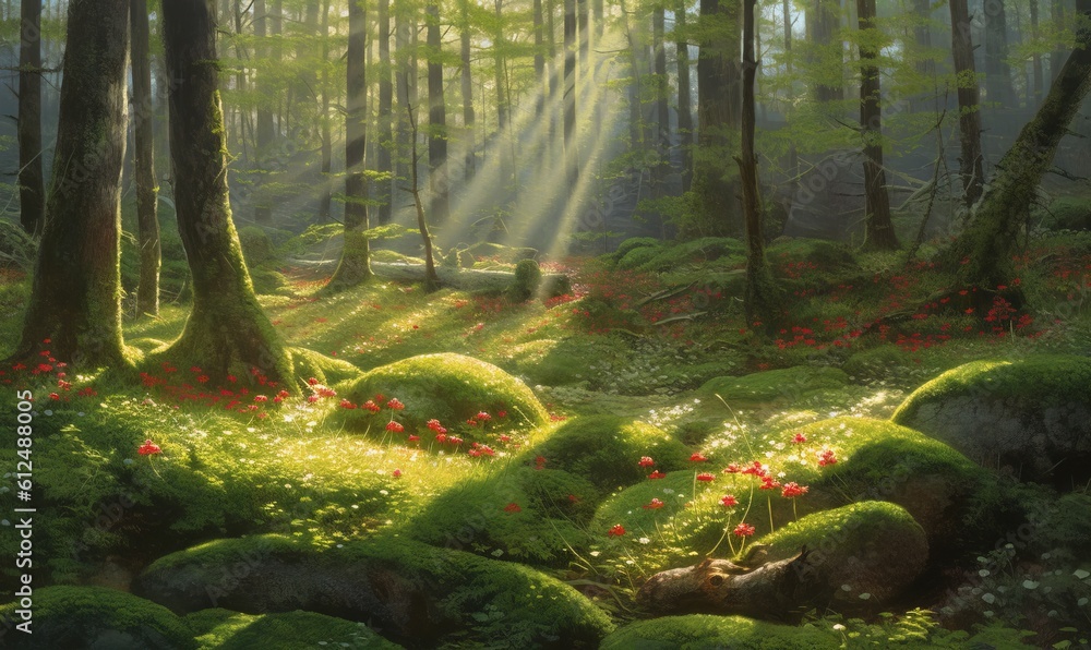  a painting of a forest with moss growing on the ground and sunlight coming through the trees and flowers on the ground, with a bright beam of light coming through the trees.  generative ai