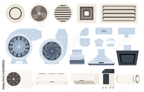 Ventilation systems and air conditioners. Fresh clean air in the room. Air conditioning and air temperature regulation. Vector illustration