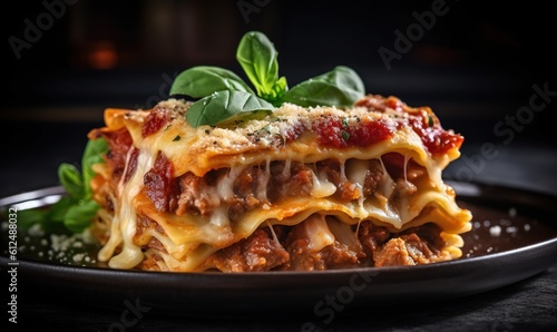  a plate of lasagna topped with meat and cheese with a basil leaf on top of the lasagna and sauce on the side. generative ai