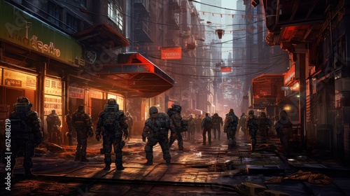 Group of rebels fighting against oppressive forces in a gritty, dystopian cyberpunk world, utilizing advanced weaponry and hacking skills © Damian Sobczyk