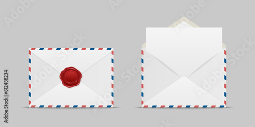 Vector Envelopes with Red Wax Seal and Blank Letter. Folded, Unfolded Isolated Envelope Set in Top View. Design Templat. Message, Notification, Mailing, Surprise and Congratulations Concept