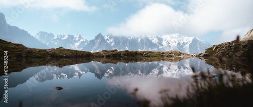 Panoramic view of snowy mountain range reflecting on a lake