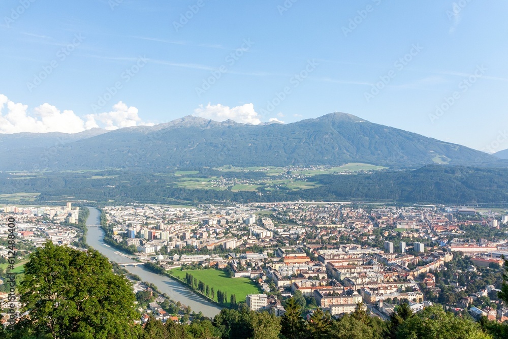 Aerial shot of Innsbruck surrounded with mountains, Austria