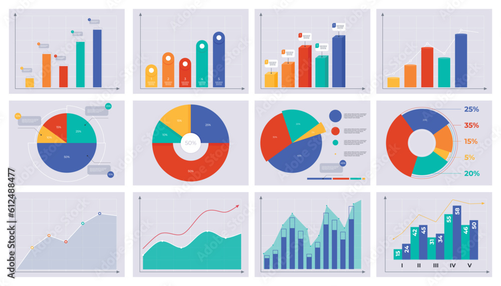 Set of chart graphs. The concept of business data analysis, presentation, financial analytics. Vector illustration