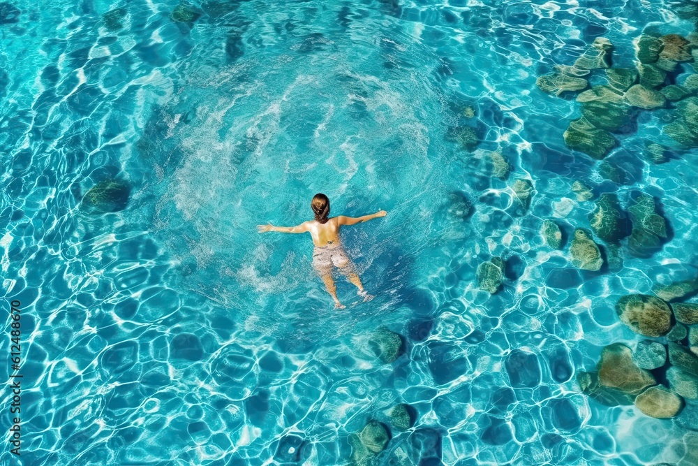 Woman swimming in sea water, top view