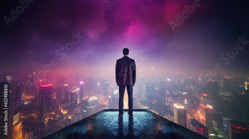 A businessman in a suit stands on top of a skyscraper on a blurred cyberpunk futuristic city panorama background with bright neon lights and stormic clouds. Photorealistic Generative AI illustration. © Valeriy
