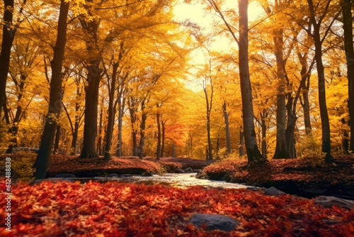 Experience the magic of autumn's embrace as trees don their vibrant attire, showcasing a stunning array of red, orange, and yellow shades that ignite the scenery. Generative AI 