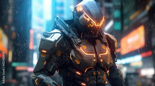 Wallpaper Mural Illustrate a rugged cybernetic mercenary equipped with advanced weaponry, augmented limbs, and a sleek exosuit, ready for a high risk mission in a cyberpunk city Torontodigital.ca