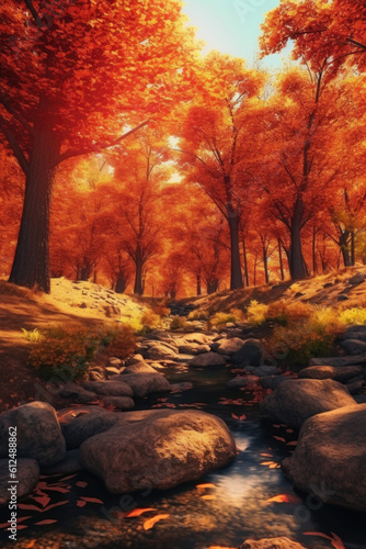 Experience the magic of autumn s embrace as trees don their vibrant attire  showcasing a stunning array of red  orange  and yellow shades that ignite the scenery. Generative AI  
