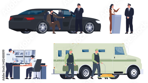 Security service. Surveillance and ptrotection of a customer or an object. Employees of security firms, private and state bodyguards. Vector illustration