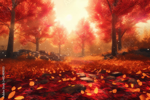Witness the breathtaking transformation of nature as trees burst into a kaleidoscope of red, orange, and yellow, painting a vibrant autumnal landscape. Generative AI 