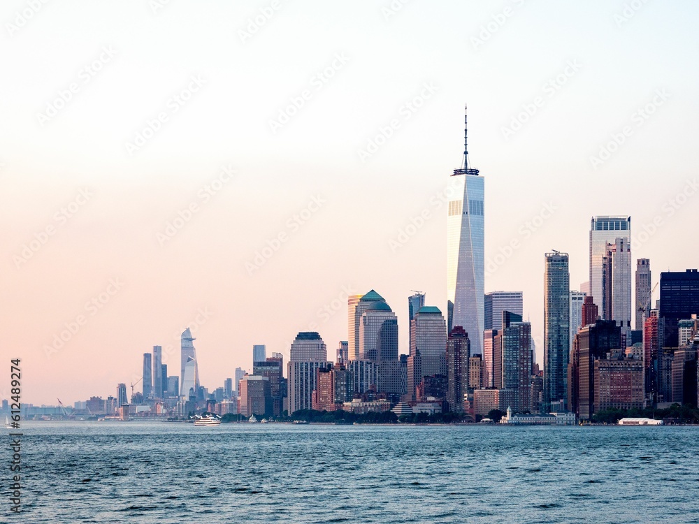 Aerial skyline of Manhattan in New York City, United States during pink sunset