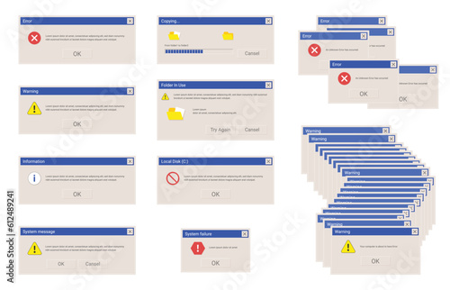 Critical error. System message screen old style. Virus popup icon. Vector pc alert. Vector illustration