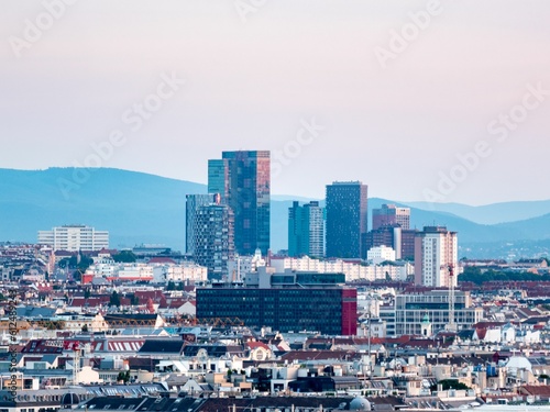 Aerial view of Wienerberg high rise district in Vienna  Austria at sunset